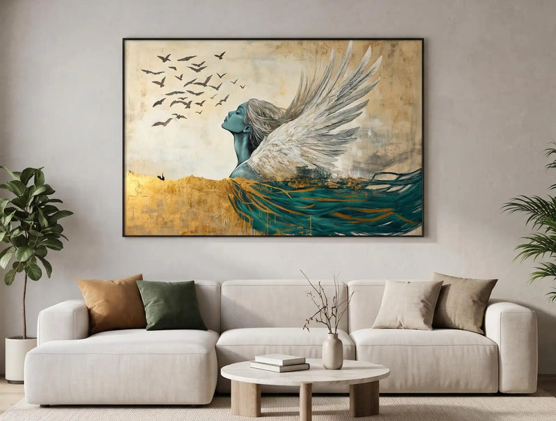 Abstract Oil Painting - Winged Woman in Gold and Teal Wall Art