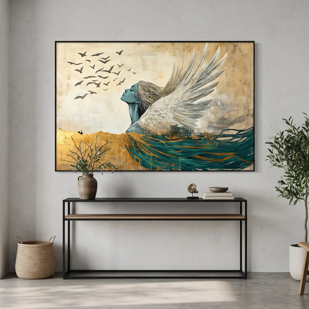 Abstract Oil Painting - Winged Woman in Gold and Teal Wall Art