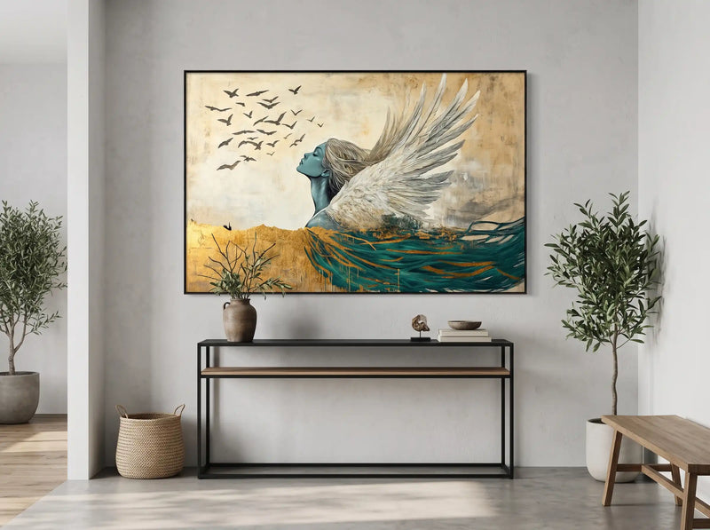 Abstract Oil Painting - Winged Woman in Gold and Teal Wall Art
