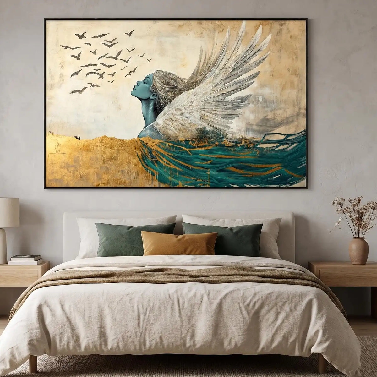 Abstract Oil Painting - Winged Woman in Gold and Teal Wall Art