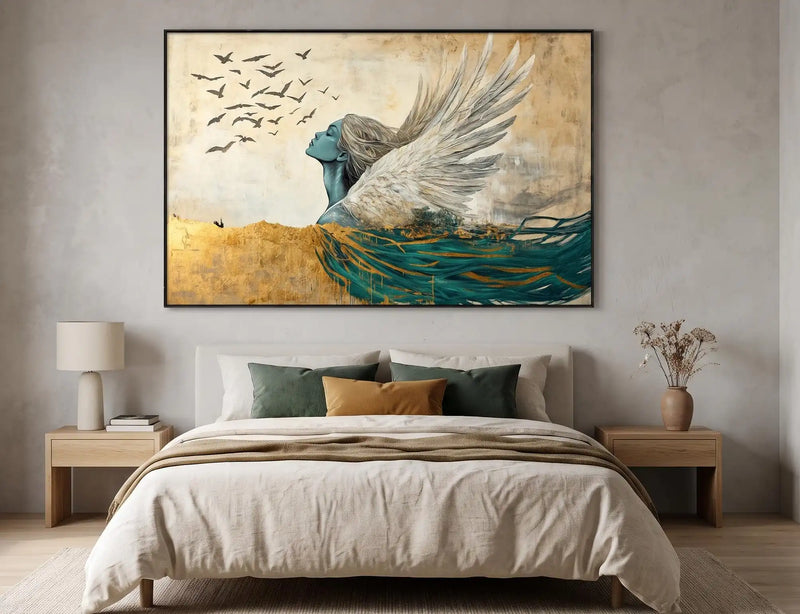 Abstract Oil Painting - Winged Woman in Gold and Teal Wall Art