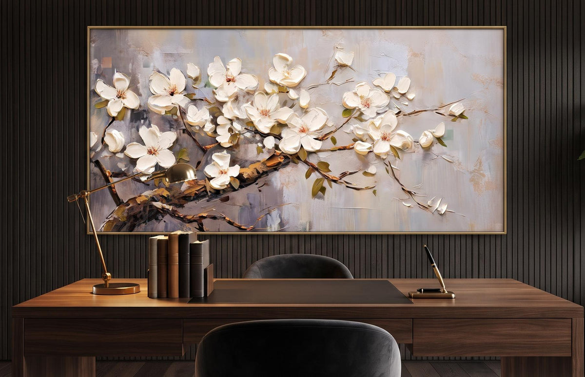 Abstract Oil Painting - White Magnolia Blossoms Textured Wall Art