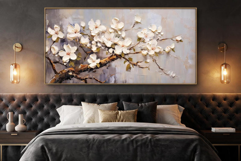Abstract Oil Painting - White Magnolia Blossoms Textured Wall Art