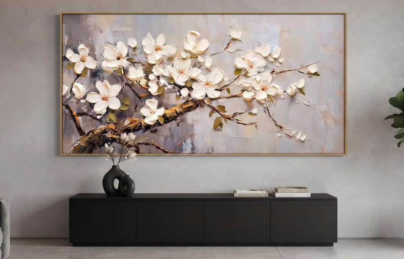 Abstract Oil Painting - White Magnolia Blossoms Textured Wall Art