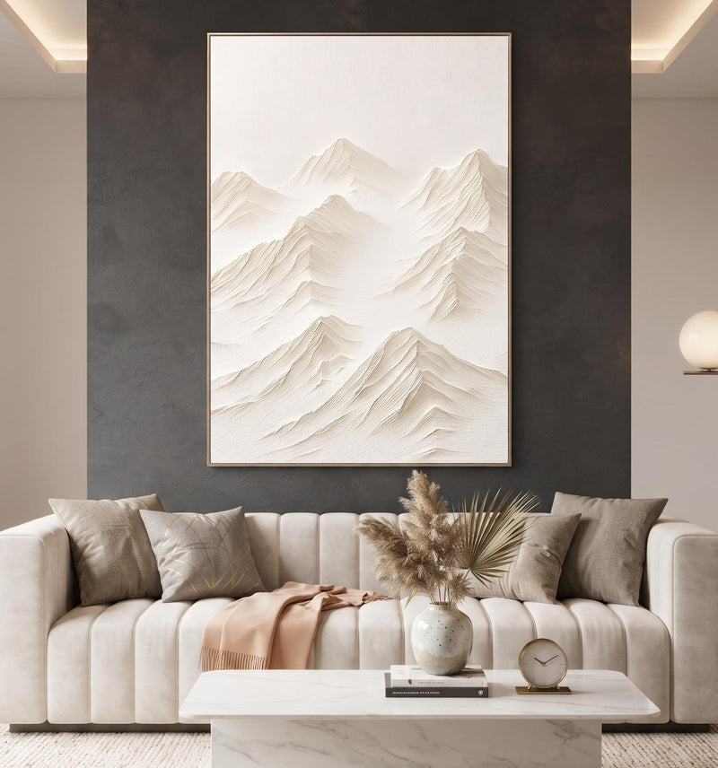 Abstract Oil Painting - White Mountain Peaks in Textured Impasto