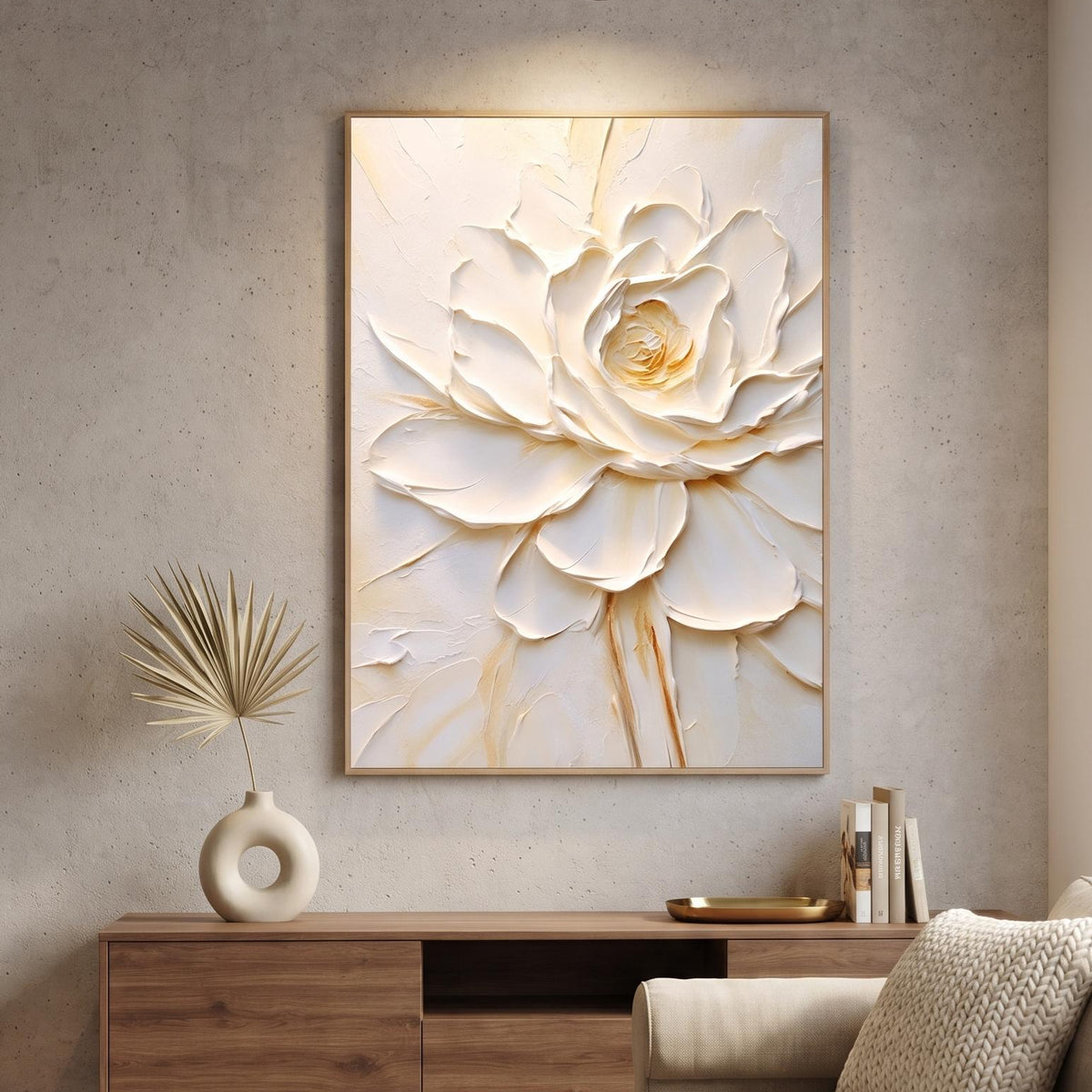 Abstract Oil Painting - White Impasto Rose Floral Canvas Wall Art