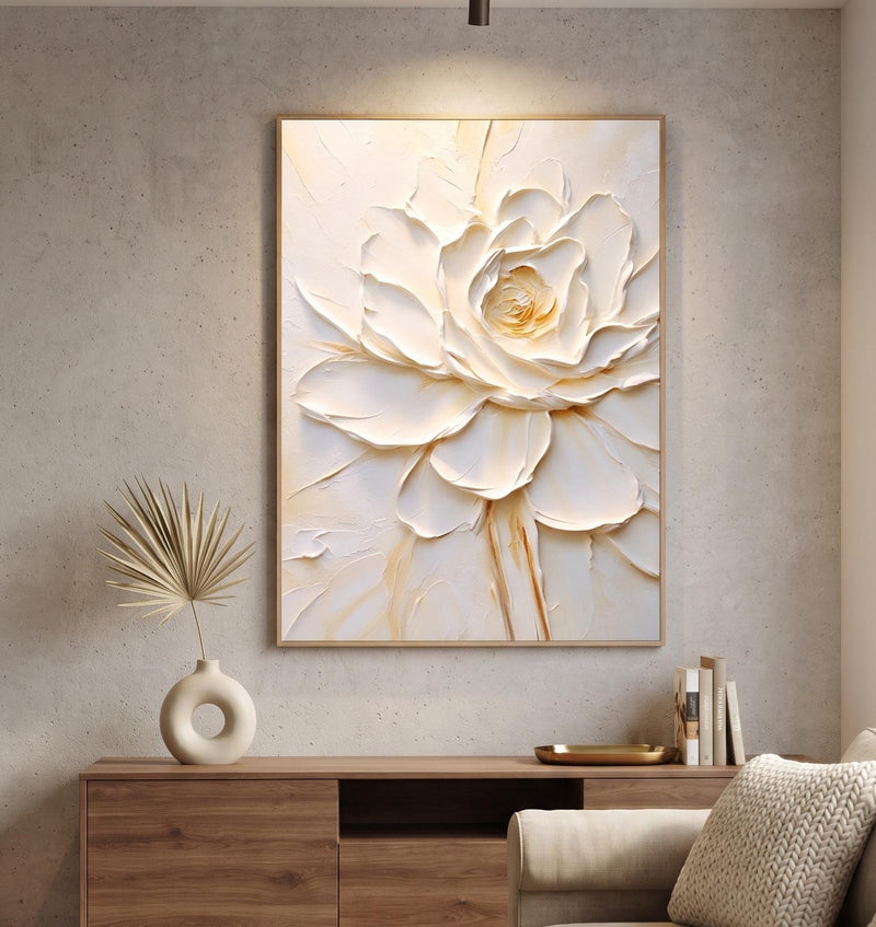 Abstract Oil Painting - White Impasto Rose Floral Canvas Wall Art