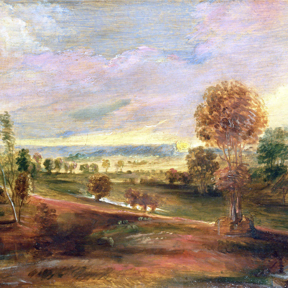 Landschaftsgemälde in Öl – Winterliche Flusslandschaft mit Figuren und Pferden
