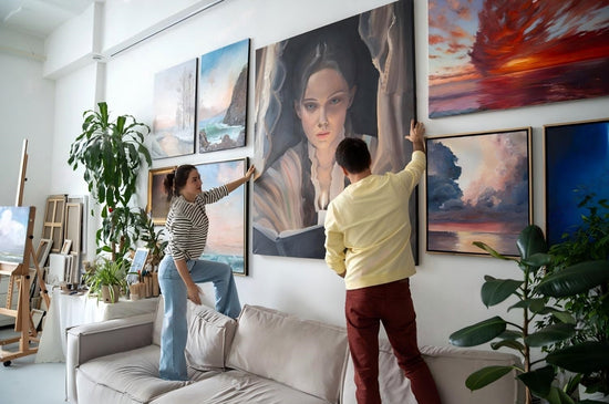 Hand-painted oil painting on canvas displayed in a modern interior space
