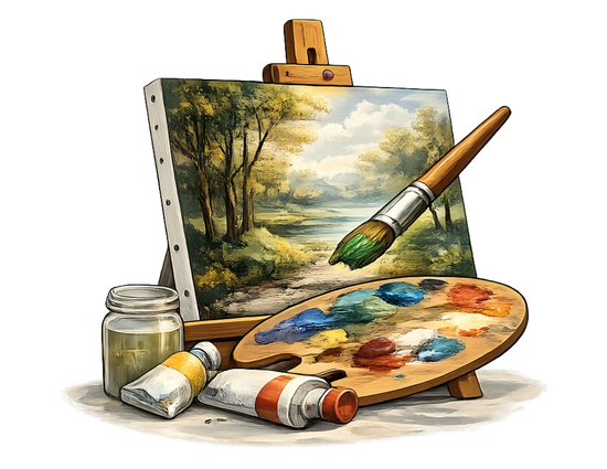 Hand painting an oil painting on canvas using traditional painting tools