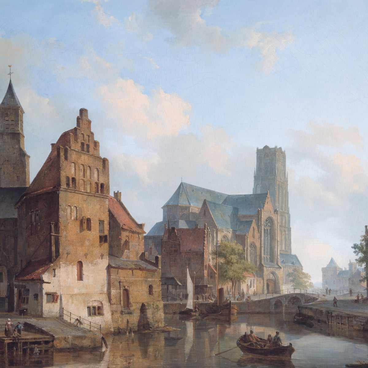 Landscape Oil Painting - Historic Riverside City Church & Boats
