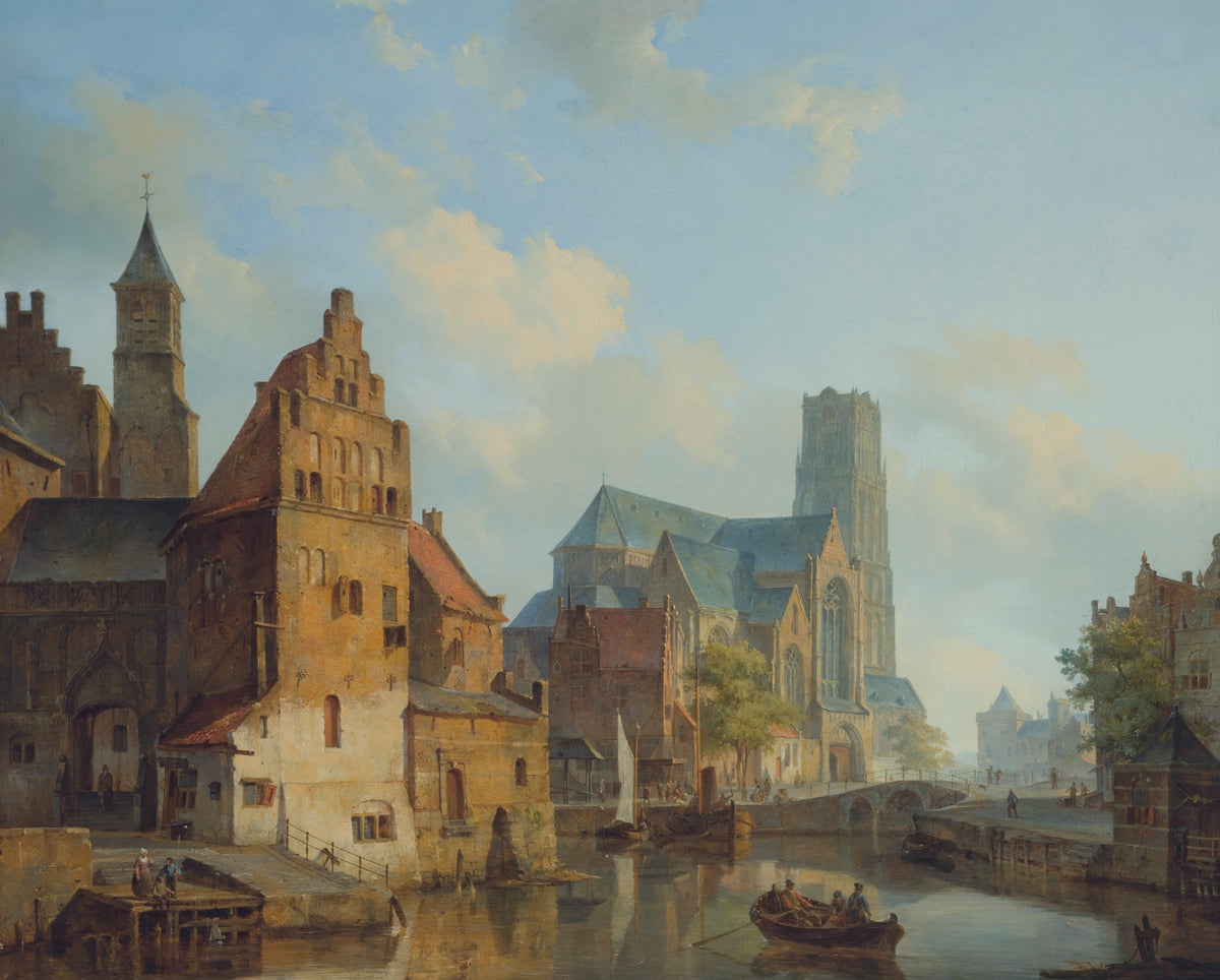 Landscape Oil Painting - Historic Riverside City Church & Boats