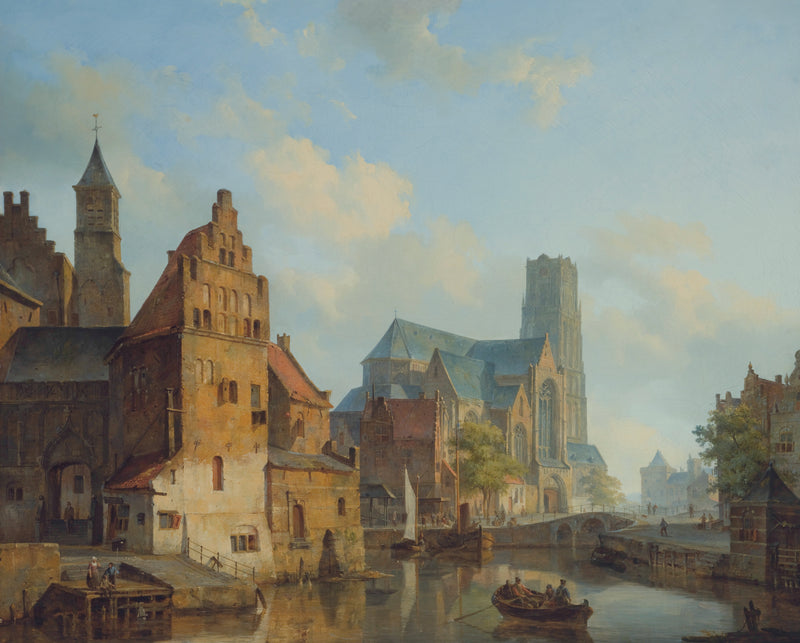 Landscape Oil Painting - Historic Riverside City Church & Boats