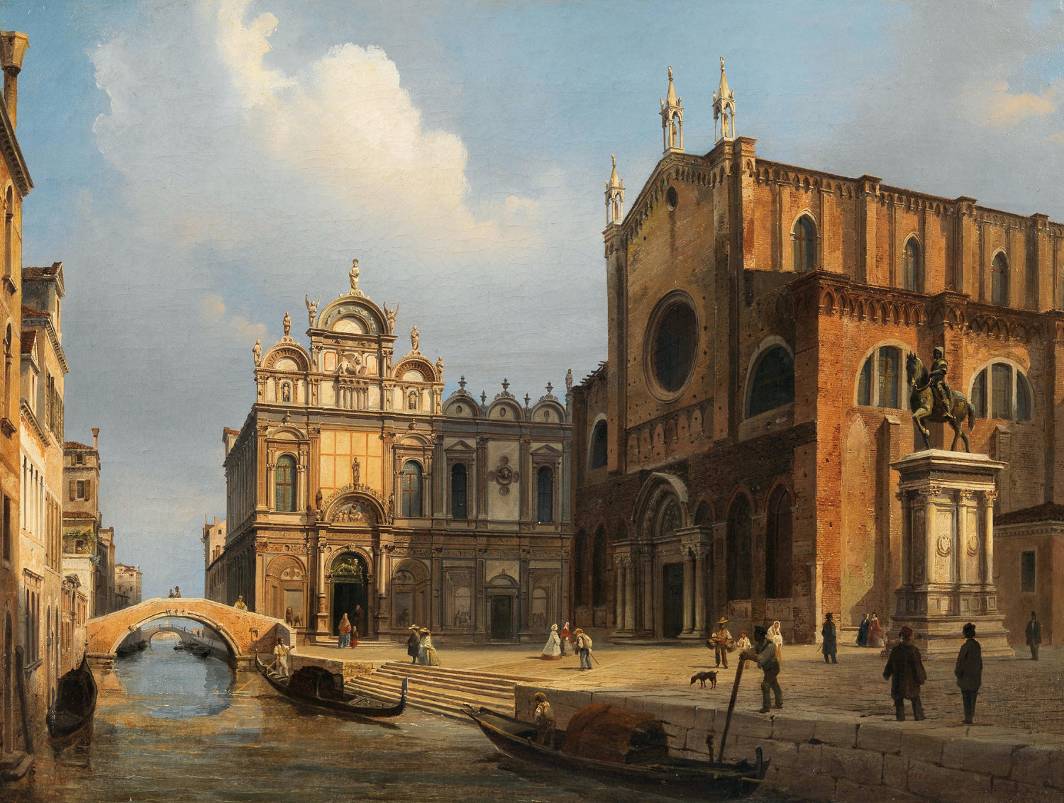 Landscape Oil Painting - Historic Venetian Square Canal, Figures