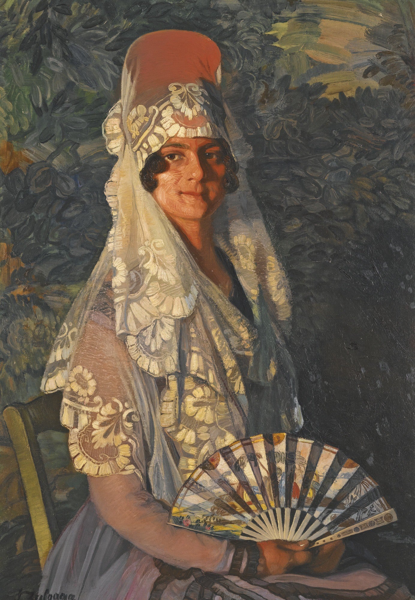 IGNACIO ZULOAGA-LADY WITH MANTILLA AND FAN - Oil Painting Haven