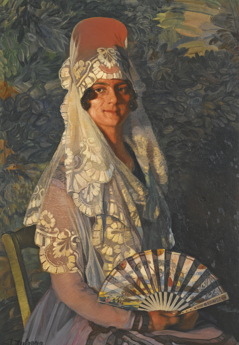 IGNACIO ZULOAGA-LADY WITH MANTILLA AND FAN - Oil Painting Haven Oil Painting Haven