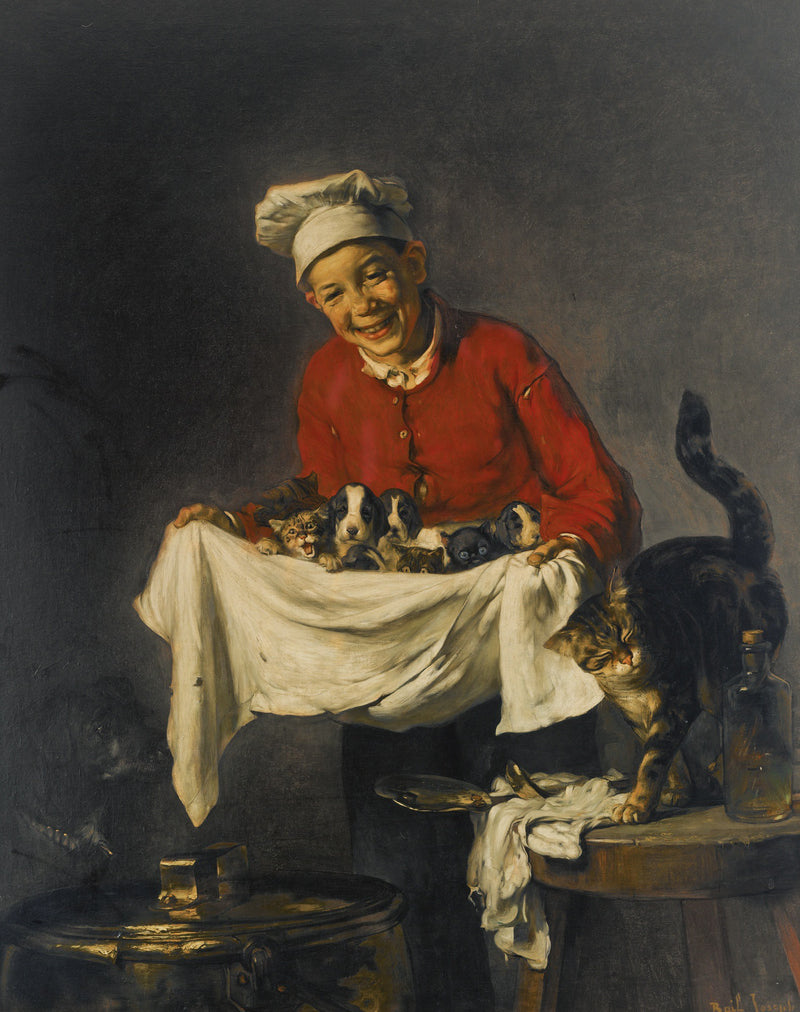 JOSEPH BAIL-JEUNE COMMIS AVEC CHIOTS ET CHATONS - Oil Painting Haven Oil Painting Haven