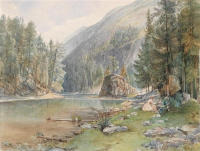 Hand-painted alpine lake and forest retreat scene landscape oil painting on canvas