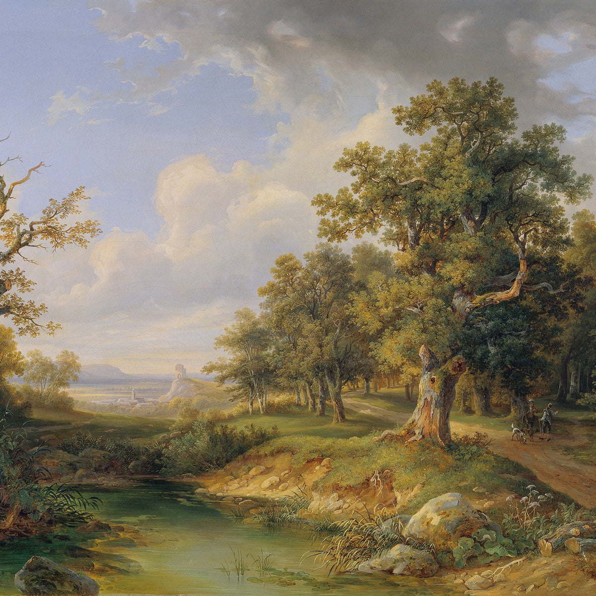 Hand-painted woodland pond and distant castle view landscape oil painting on canvas