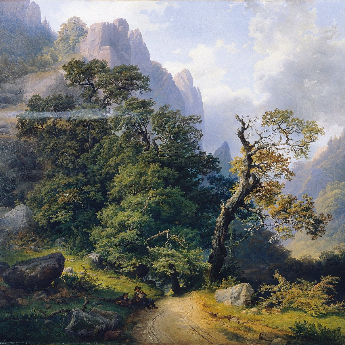 Hand-painted mountain path and ancient forest view landscape oil painting on canvas