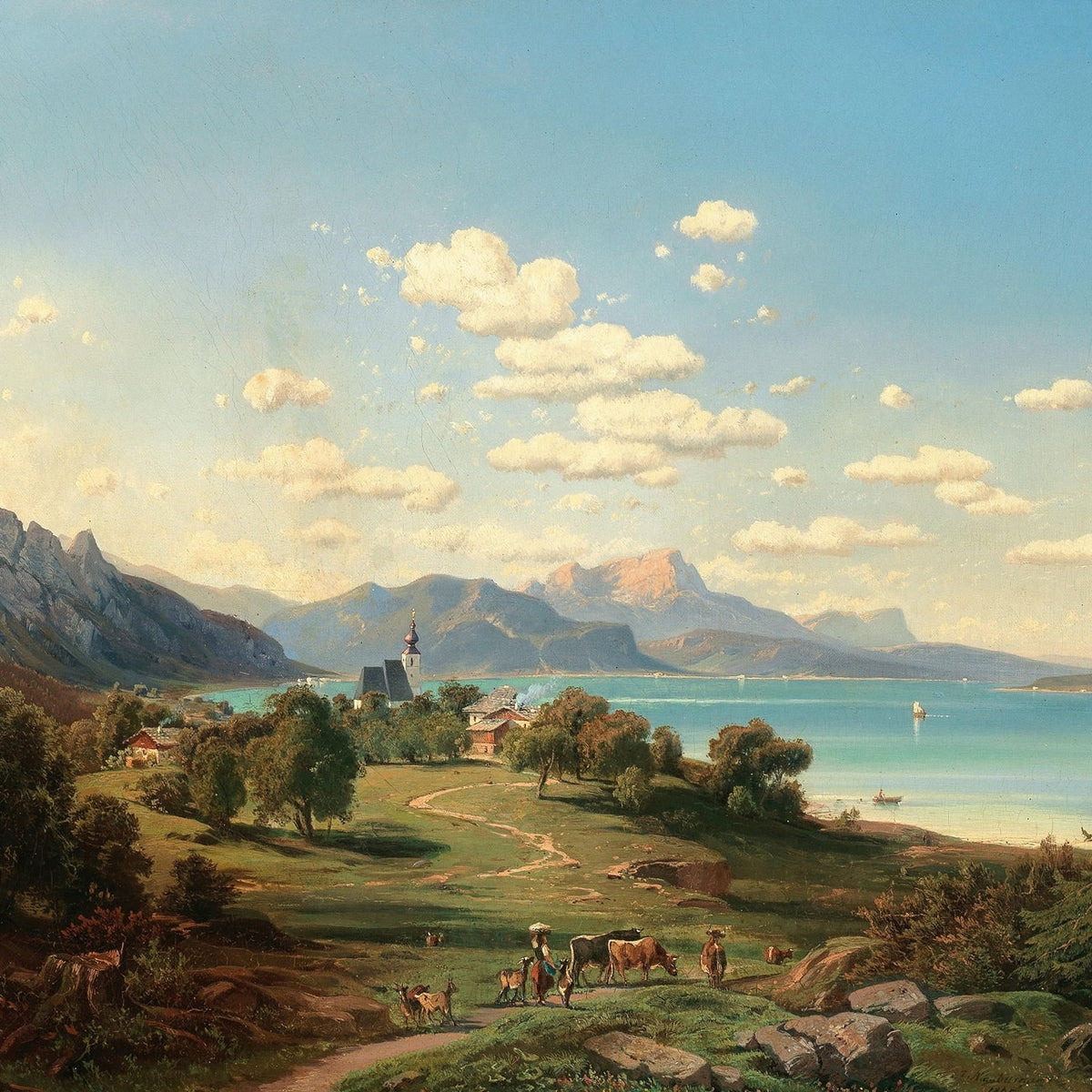 Hand-painted lakeside village and mountain view landscape oil painting on canvas