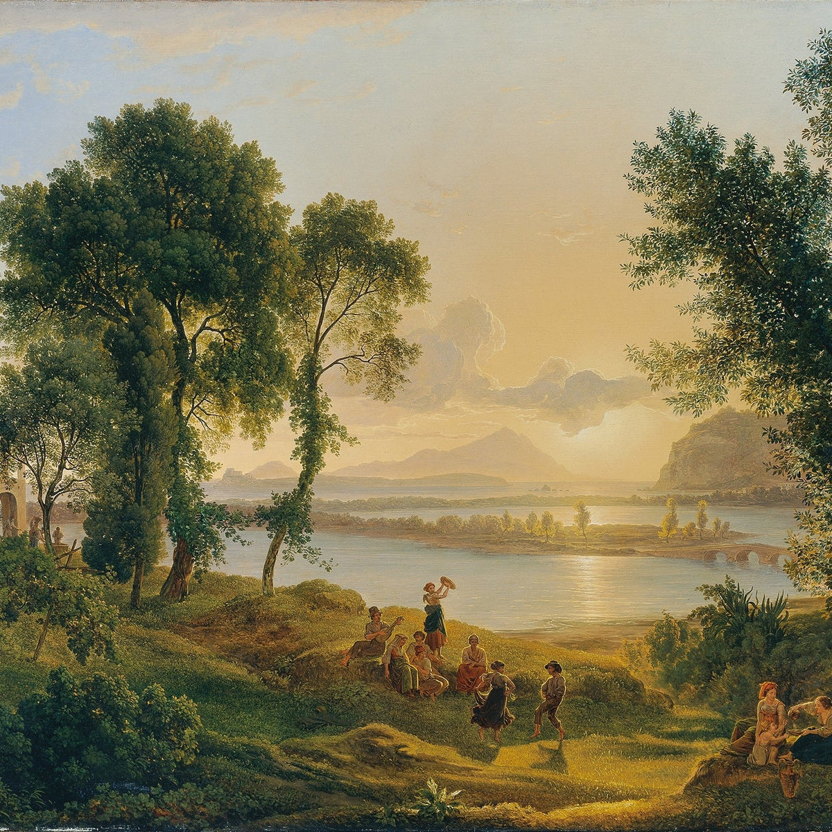 Landscape oil painting featuring a golden lakeside at sunset with figures by the water, surrounded by trees, mountains in. - Canvas, Figure, Forest, Hand Painted, Lake, Landscape, Made To Order, Mountain, Oil Painting, Sunset