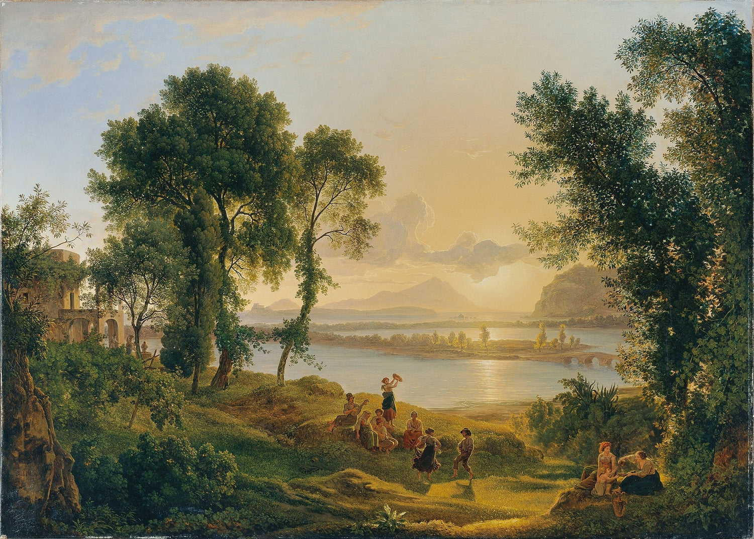 Landscape oil painting featuring a golden lakeside at sunset with figures by the water, surrounded by trees, mountains in. - Canvas, Figure, Forest, Hand Painted, Lake, Landscape, Made To Order, Mountain, Oil Painting, Sunset