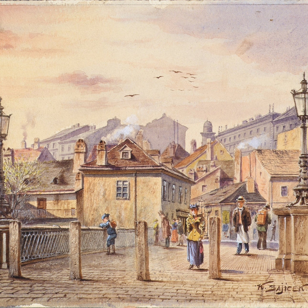 Hand-painted historic european bridge street landscape oil painting on canvas