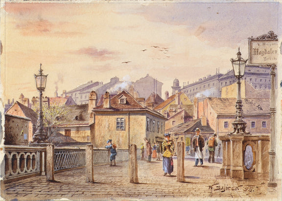 Hand-painted historic european bridge street landscape oil painting on canvas