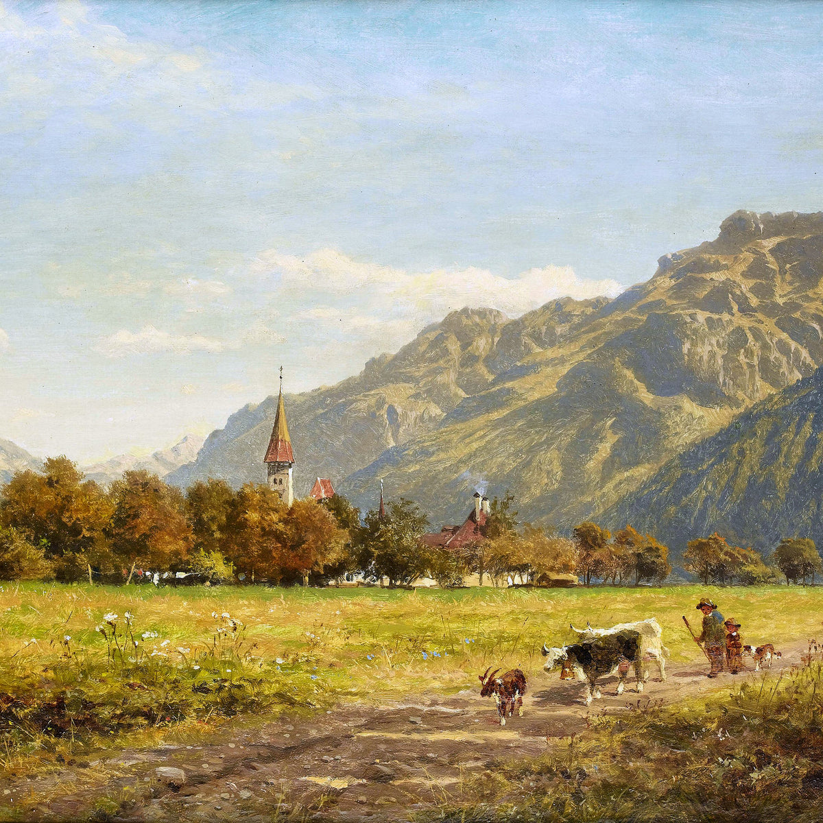 Landschaftsgemälde in Öl – Küstendorf mit Leuchtturm und Sonnenuntergang
