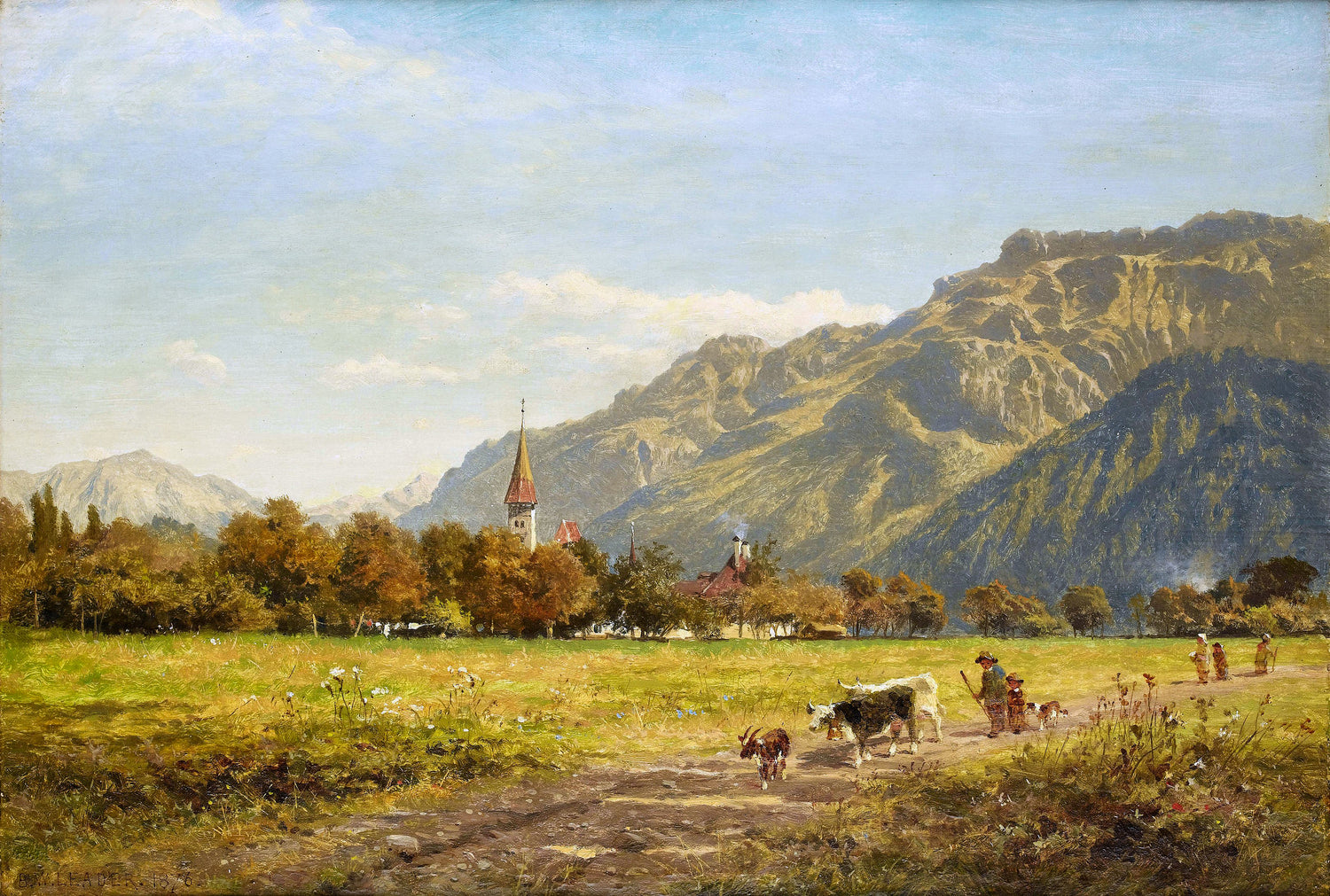 Landschaftsgemälde in Öl – Küstendorf mit Leuchtturm und Sonnenuntergang