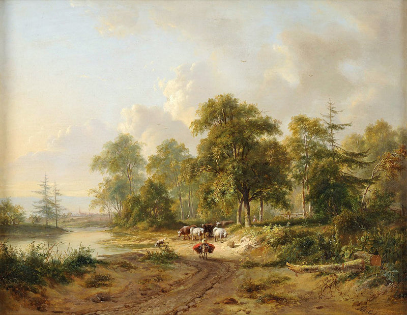 Landscape Oil Painting - Pastoral Riverbank with Cattle