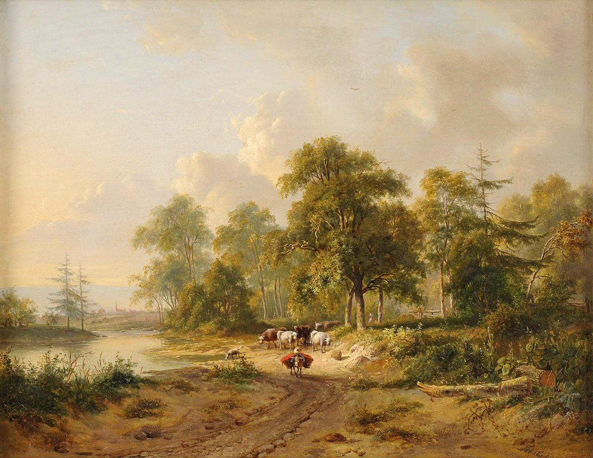 Peinture à l'huile de paysage - Rives pastorales avec bétail