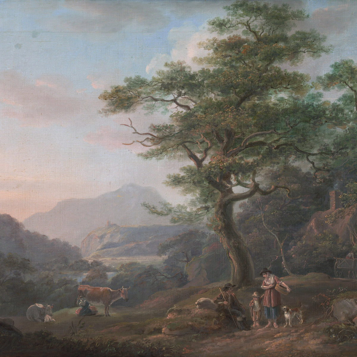Peinture à l'huile de paysage - Village côtier avec phare et coucher de soleil