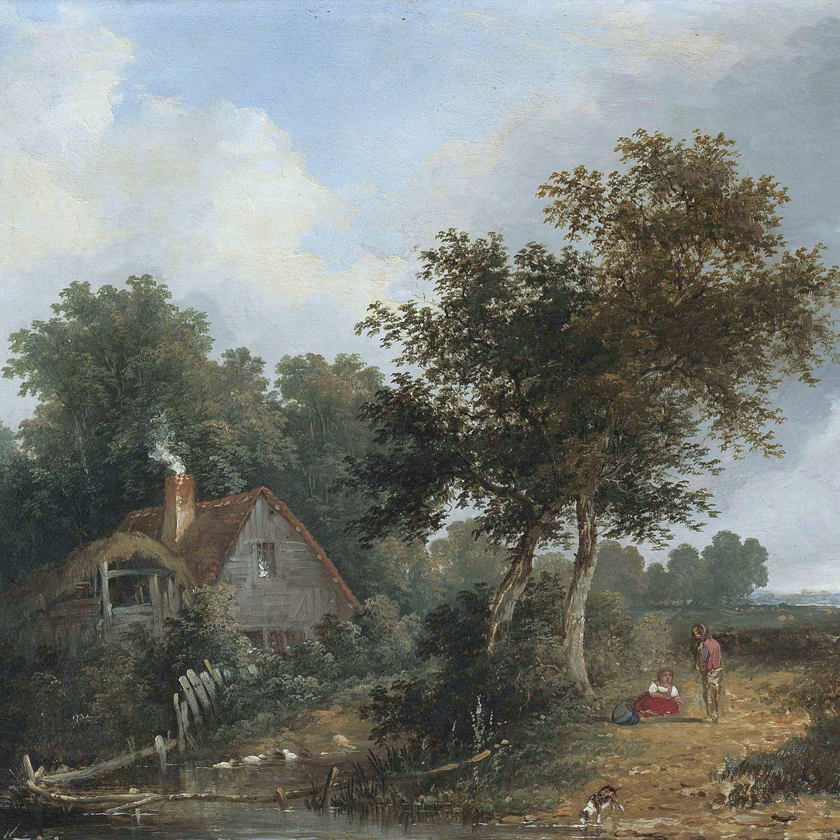 Landscape Oil Painting - Rustic Cottage Path by Pond Landscape