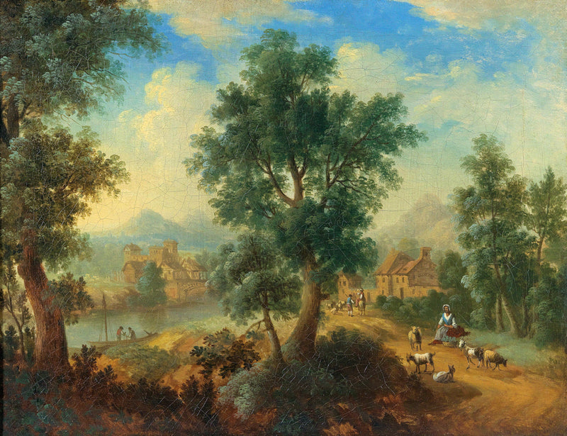 Peinture à l'huile de paysage - Scène de rivière hivernale avec personnages et chevaux