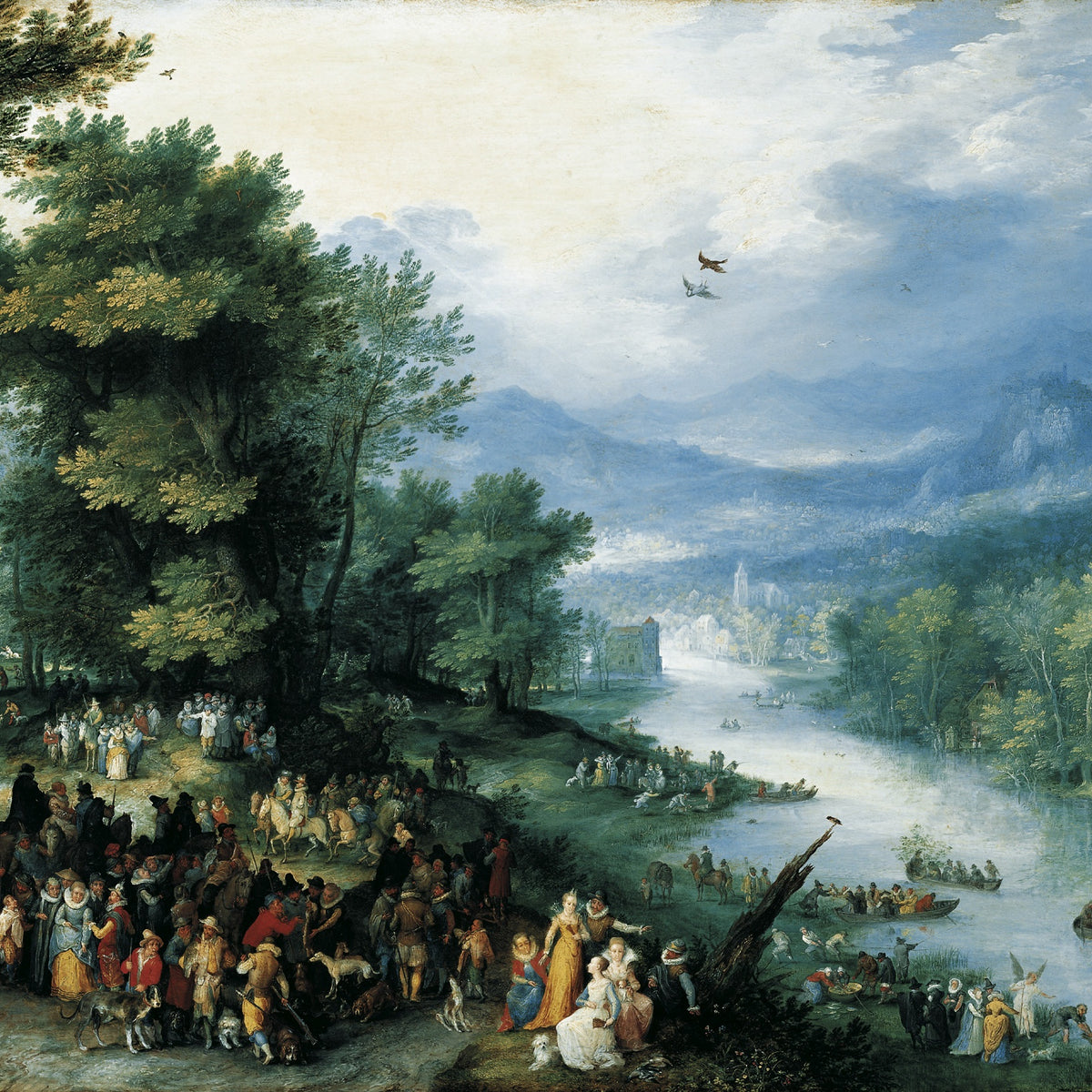 Landscape Oil Painting - River Scene with Crowd & Boats