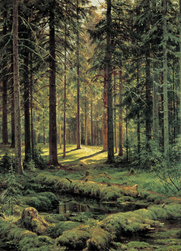 Hand-painted sunlit pine forest with quiet stream landscape oil painting on canvas