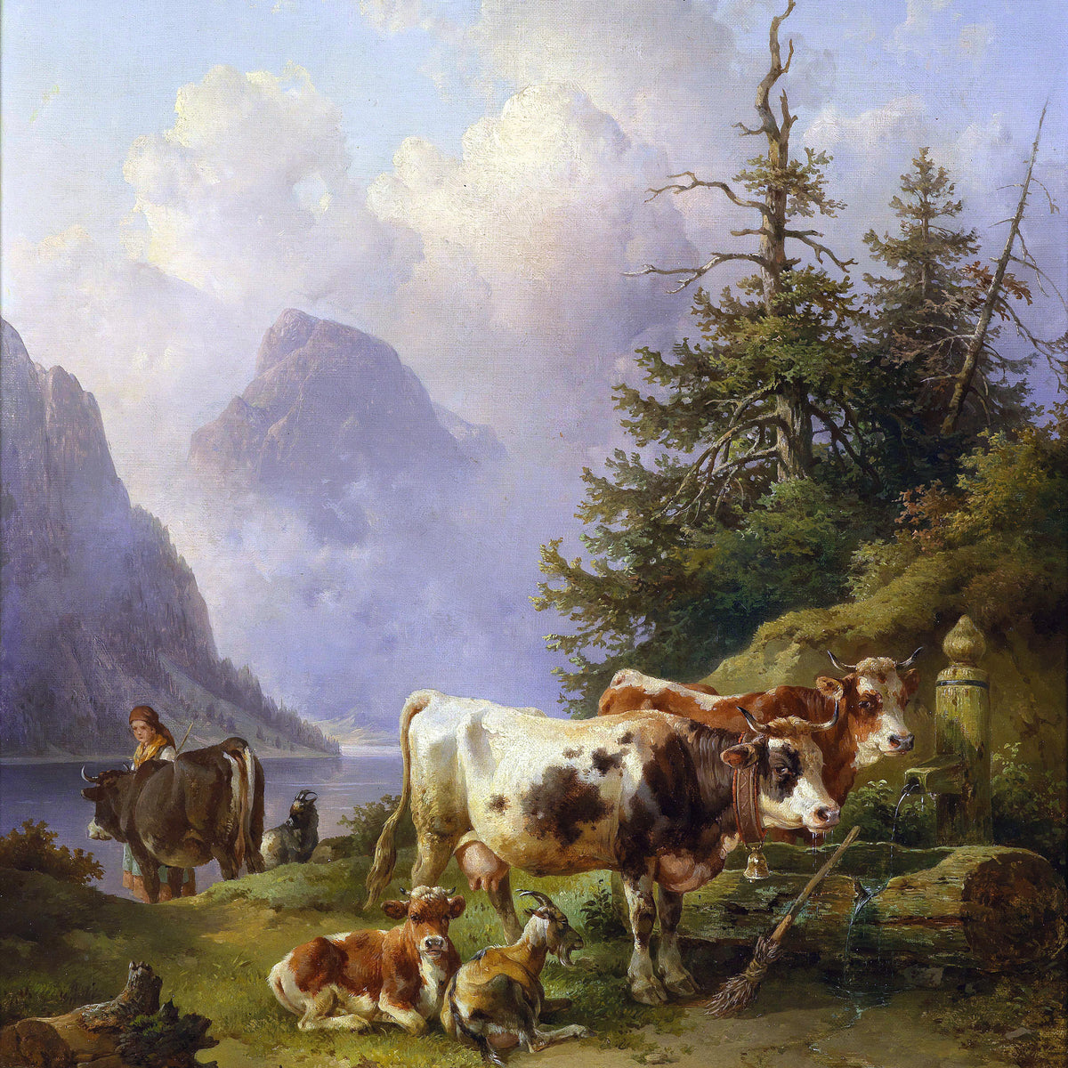 Peinture à l'huile de paysage - Bétail au bord d'un lac alpin
