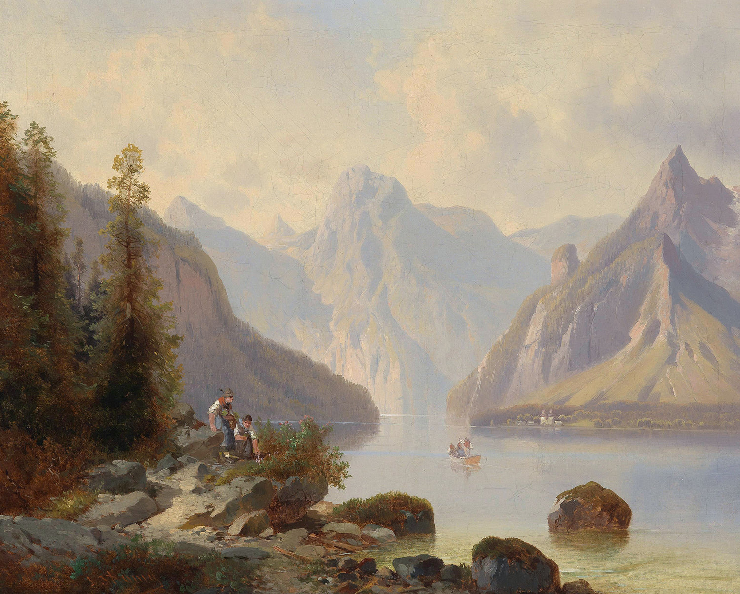 Landschaftsgemälde (Öl) – Alpenseetal, Uferfiguren, Boot