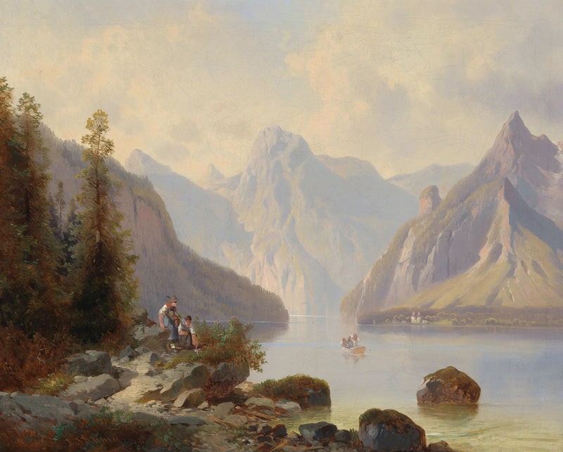 Landschaftsgemälde (Öl) – Alpenseetal, Uferfiguren, Boot