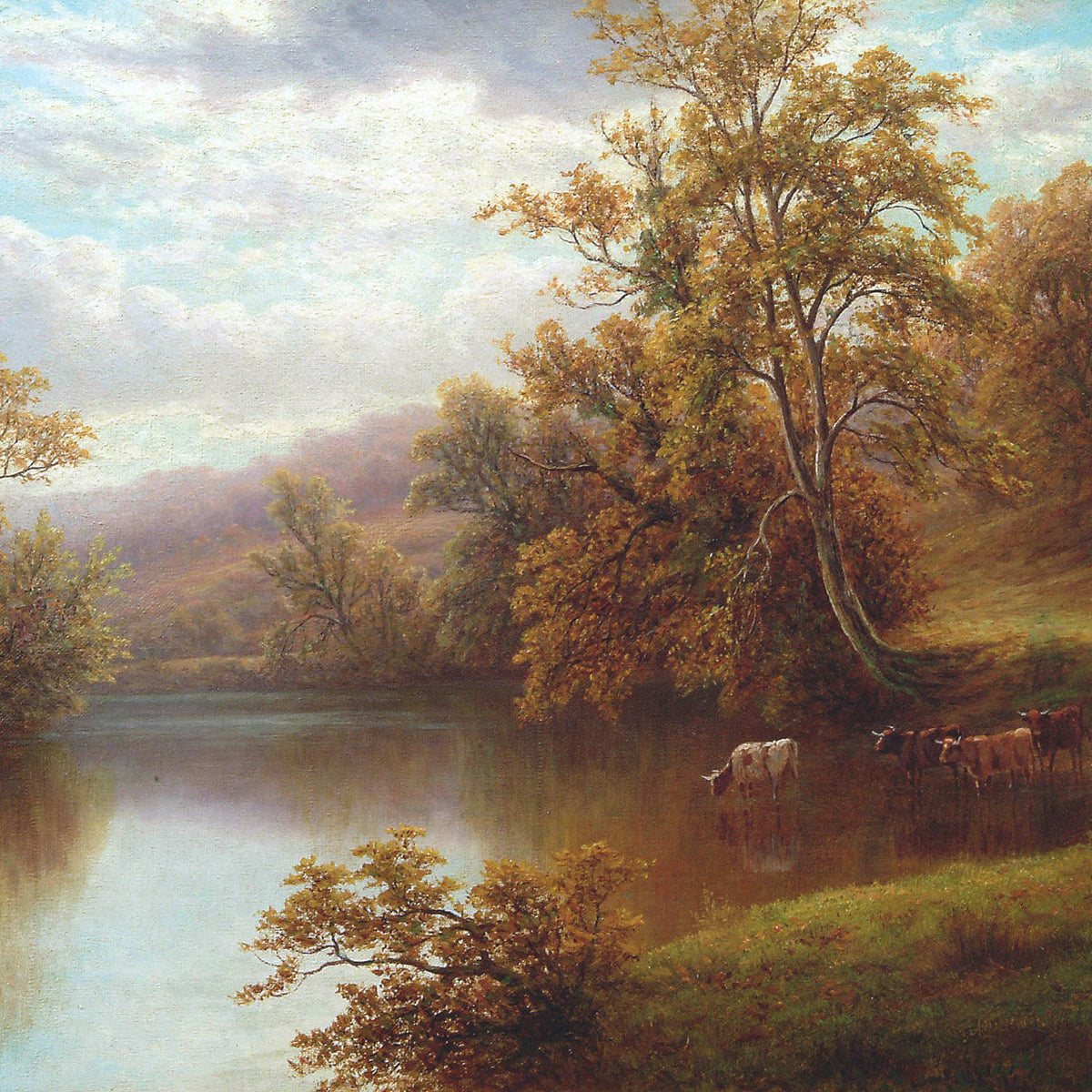 Peinture à l'huile de paysage - Vallée lacustre d'automne et bétail au pâturage
