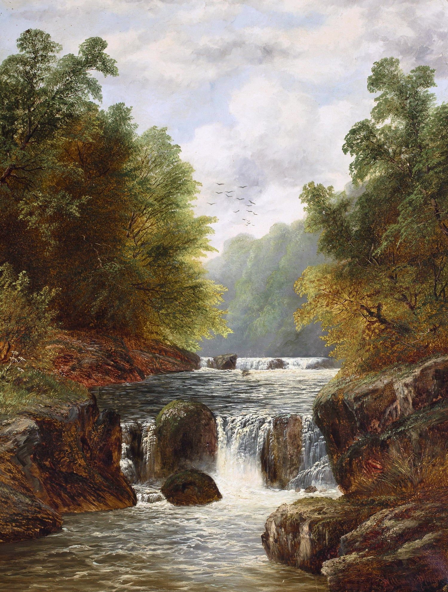 Landscape Oil Painting - Autumn River Gorge & Waterfalls