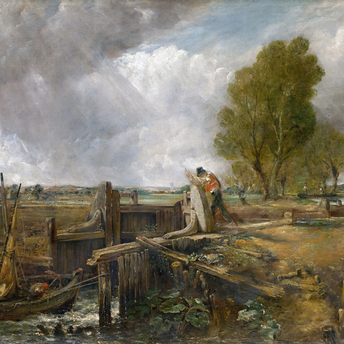 Ölgemälde Landschaft - Kanalschleuse Ländlich & Arbeiter