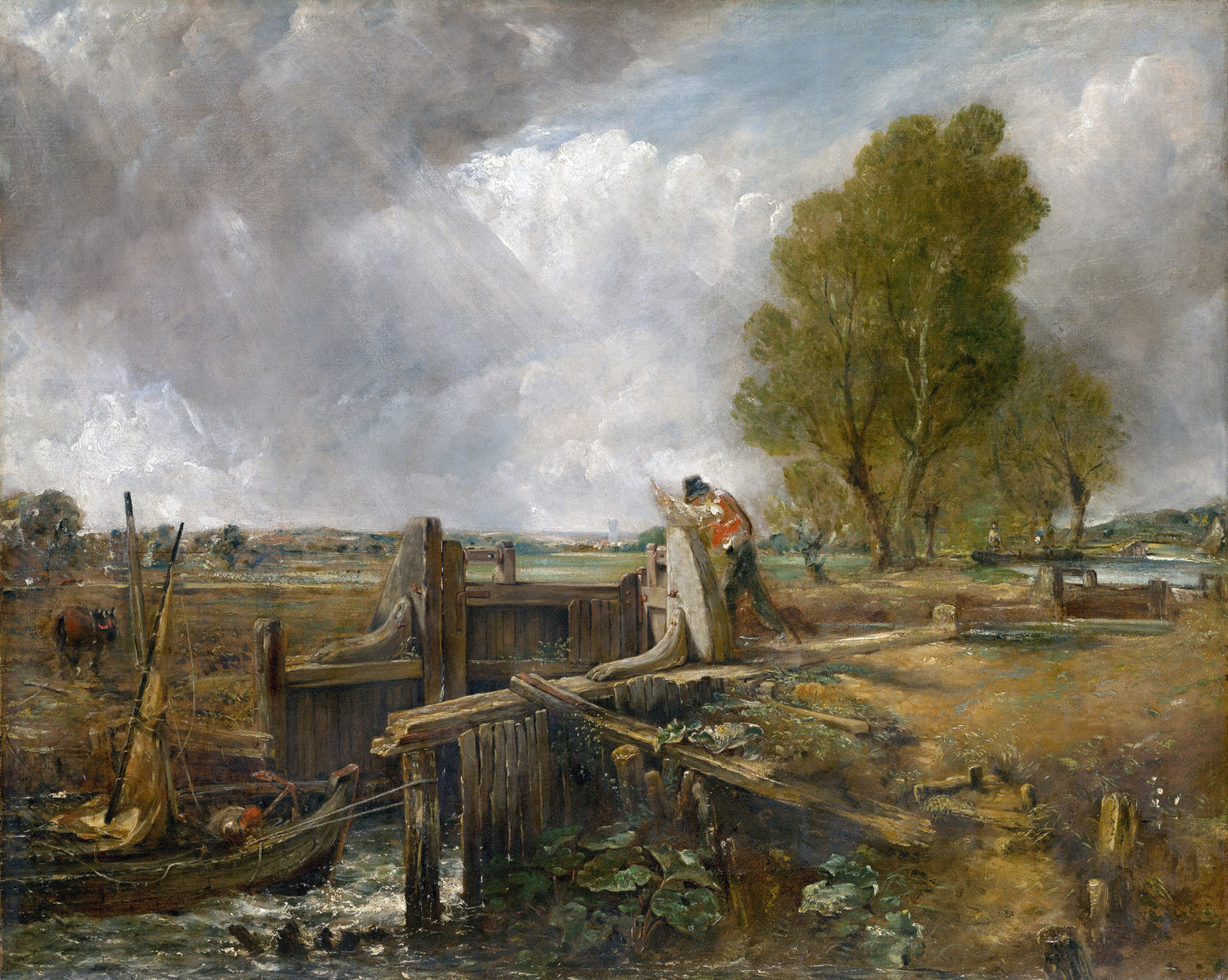 Ölgemälde Landschaft - Kanalschleuse Ländlich & Arbeiter