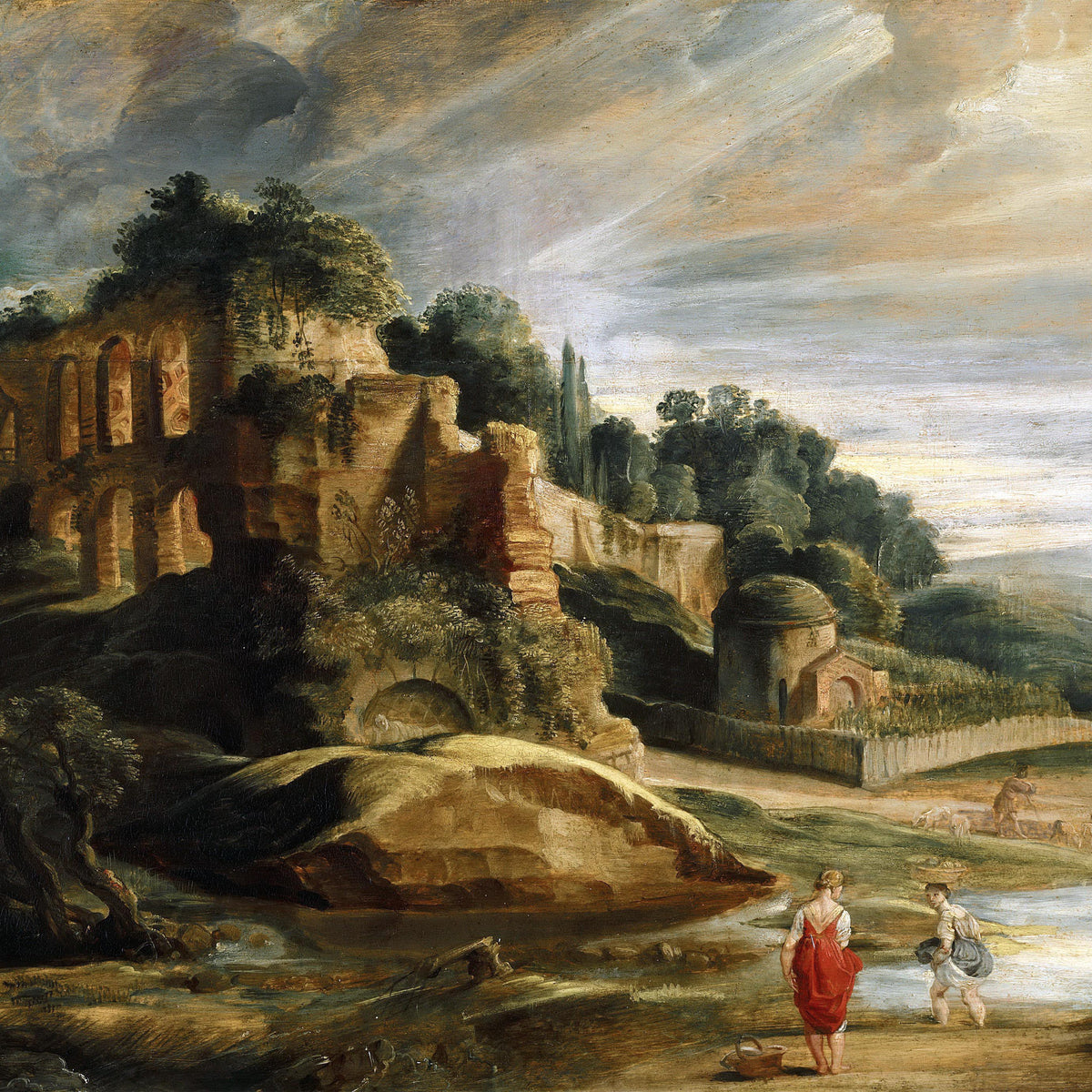 Landschaftsgemälde in Öl – Winterliche Flusslandschaft mit Figuren und Pferden