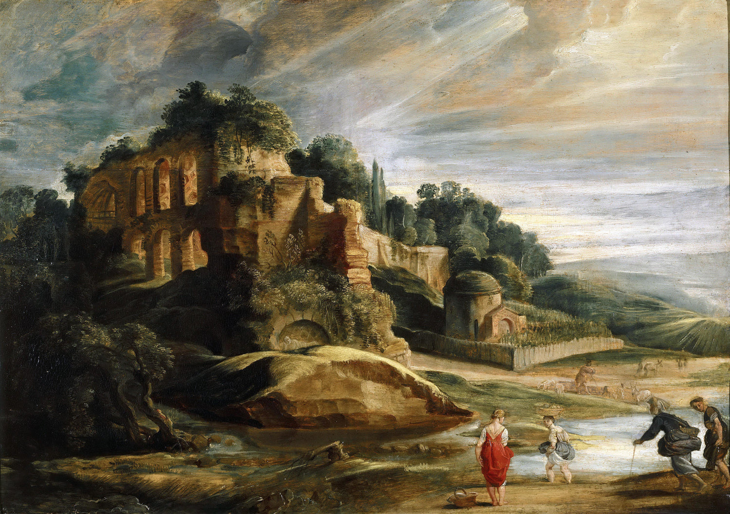 Landschaftsgemälde in Öl – Winterliche Flusslandschaft mit Figuren und Pferden