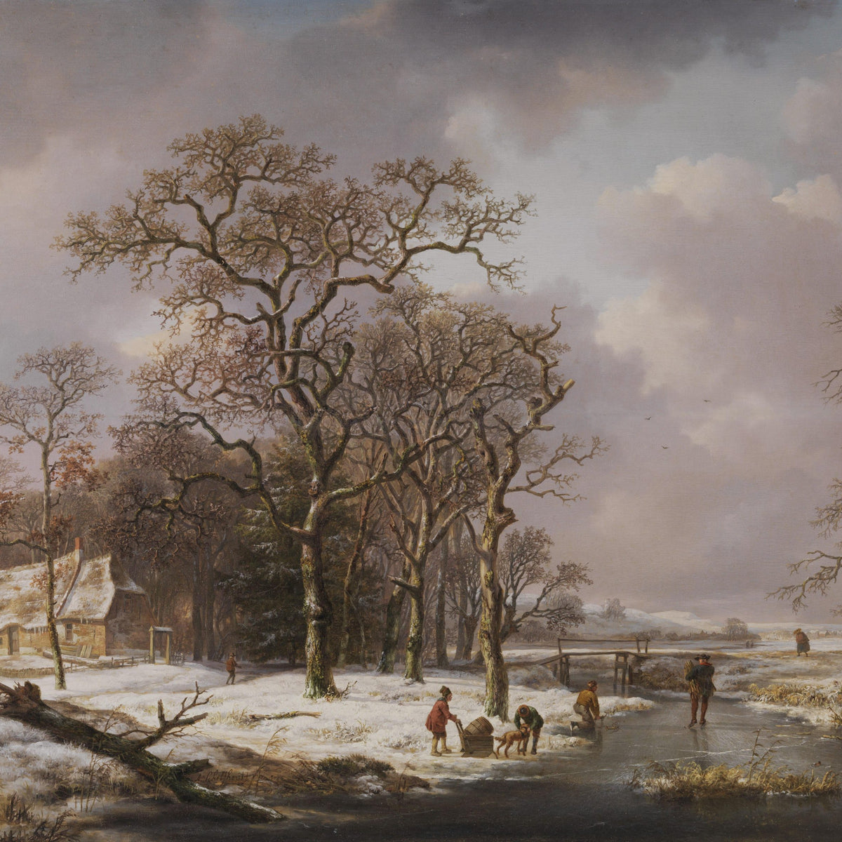 Peinture à l'huile de paysage - Hiver hollandais rural et neige