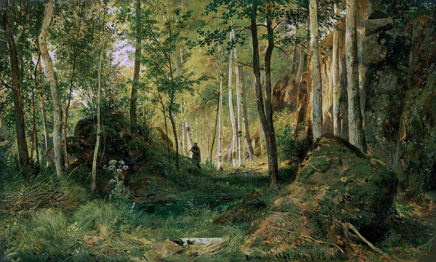 Landscape Oil Painting - Forest Glade Figure & Rocks