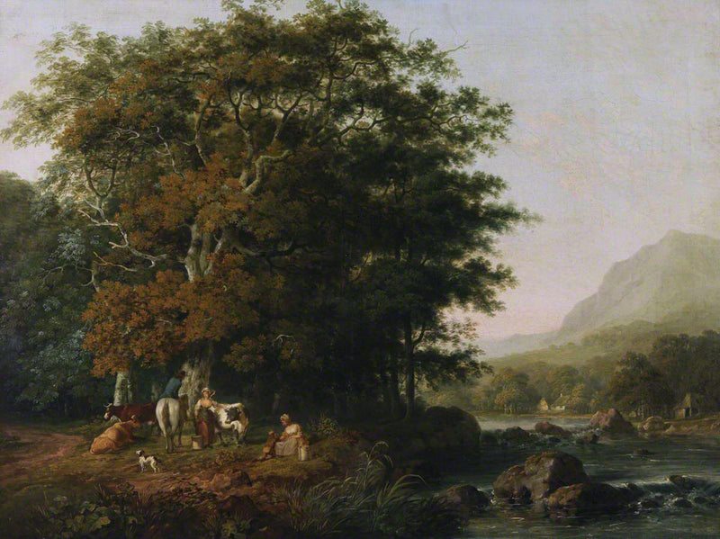 Peinture à l'huile de paysage - Scène de rivière hivernale avec personnages et chevaux